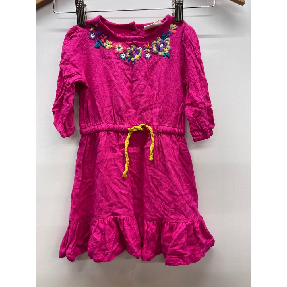Mini Boden Girls Pink Floral Embroidered Long Sleeve Ruffle Jersey Dress 2-3Y